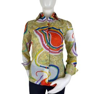 Vintage 70s Retro Psychedelic Button Down Mod Boho Marble Print Colorful Small